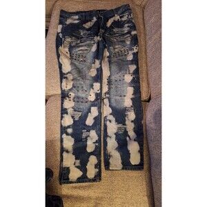 Blue Denim Jeans Sacred Crown moto distressed rivets paint blue‎  white Mens  38